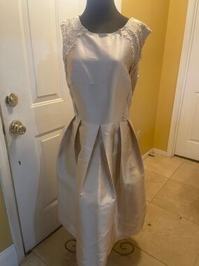Chancelle Satin Lace-Trim Formal Dress in Champagne